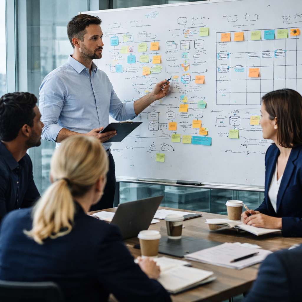 Mid-market B2B project manager leading agile prioritization session during digital transformation